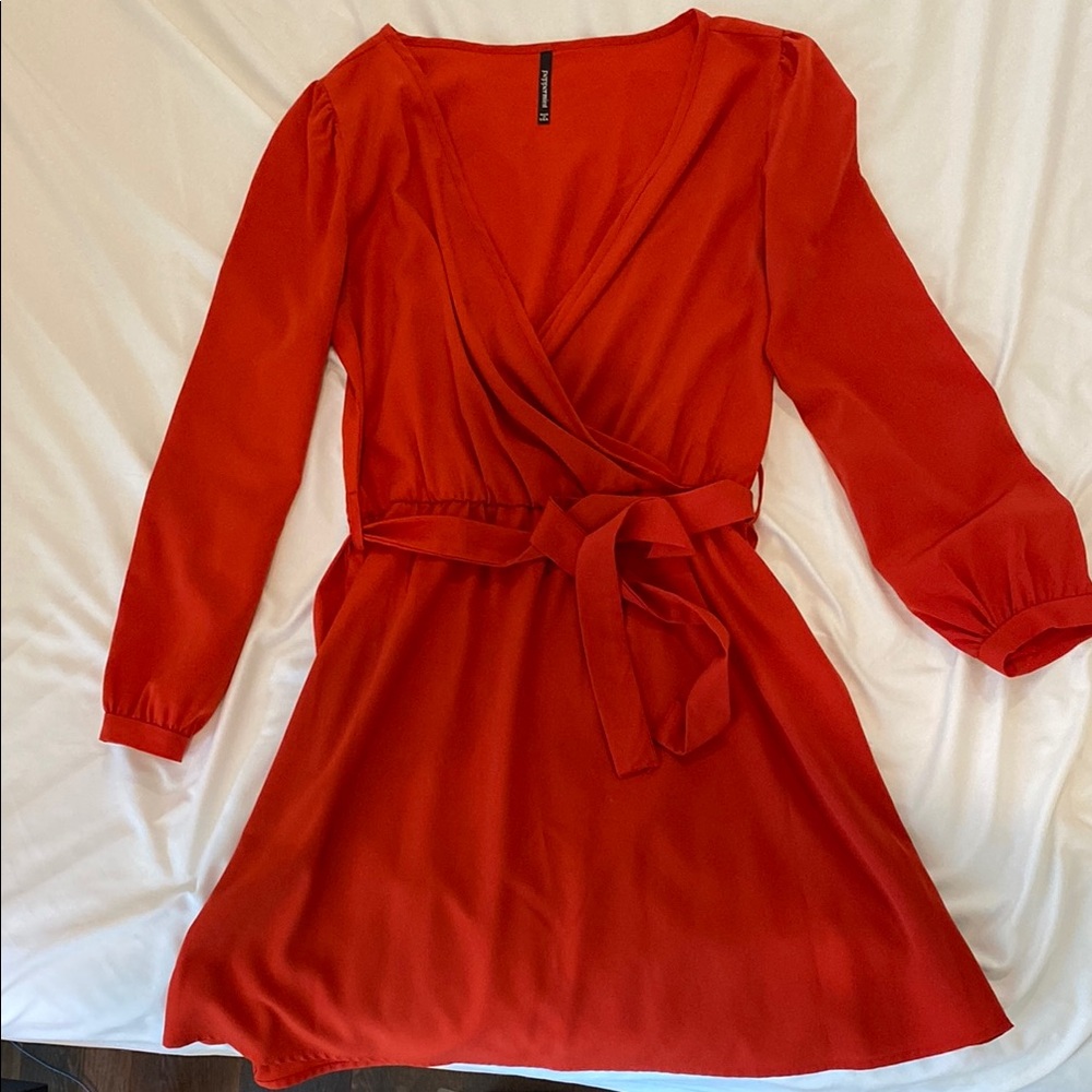 Burnt Orange Wrap Sundress with Bishop Sleeves